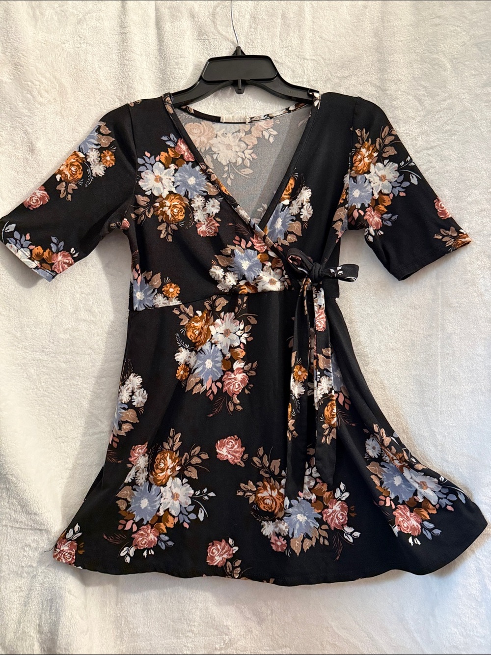 Floral Wrap Dress - Black with Rose & Blue Blooms